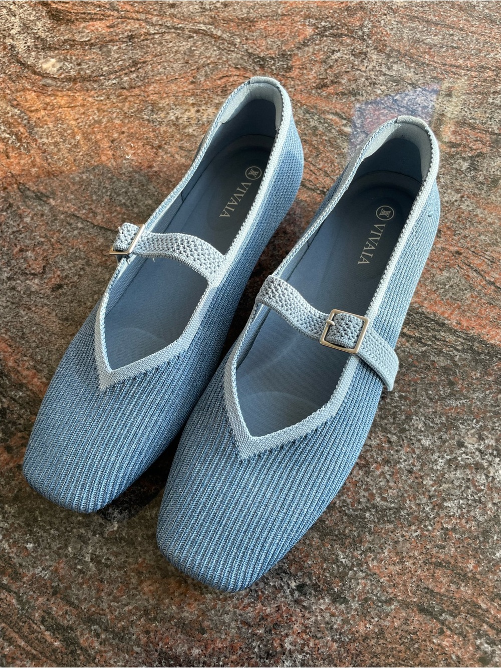 VIVAIA Sky Blue Knit Mary Jane Loafers with Buckle